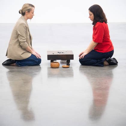 Gabriel Orozco s Chronotopic Exhibition Photocall at White Cube Bermondsey, London, UK Staff members view Visible Labor (2015) by Gabriel Orozco featuring acrylic on wood, Buddha figures, miniature car models, a GO board game and stones at a photocall for artist Gabriel Orozco s solo exhibition Chronotopic at White Cube Bermondsey, London, England, UK on Monday 14 September, 2026., Credit:Justin Ng Avalon UK, England, London, White Cube Bermondsey  Copyright: xJustinxNgx xAvalonx 1134492457