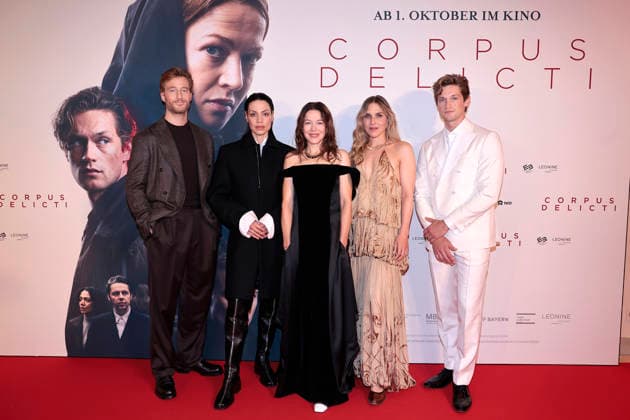 Alexander Fehling, Haley Louise Jones, Hannah Herzsprung, Lena Stahl, and Damian Hardung attend the premiere of *Corpus Delicti* on September 14, 2026, at the Delphi Filmpalast in Berlin, Germany. Movie Premiere of *Corpus Delicti* in Berlin, Germany