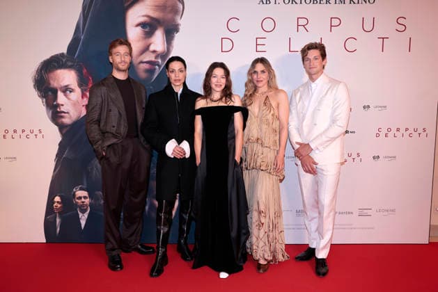 Alexander Fehling, Haley Louise Jones, Hannah Herzsprung, Lena Stahl, and Damian Hardung attend the premiere of *Corpus Delicti* on September 14, 2026, at the Delphi Filmpalast in Berlin, Germany. Movie premiere of *Corpus Delicti* in Berlin, Germany