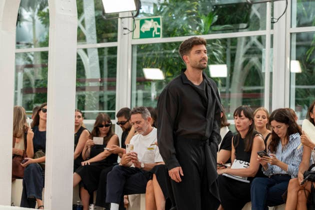 Singer Pablo Alboran walks the runway wearing a creation by Adolfo Dominguez during the presentation of the Croma collection for spring-summer 2027, part of Mercedes-Benz Fashion Week Madrid. The Malaga-born artist, who made an unexpected public reappearance after several weeks away from the stage due to pneumonia, became one of the highlights of the opening day by making a surprise appearance as a model in the Galician label s show. September 14,2026. (202609141014)