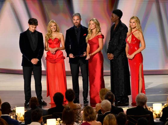 (L-R) Noah Beck, Jessica Belkin, Stephen Amell, Hassie Harrison, Thaddeus LaGrone and Brooks Nader speak on stage during the 78th annual Primetime Emmy Awards at the Peacock Theater in Los Angeles on Monday, September 14, 2026.  LAP2026091489 JIMxRUYMEN