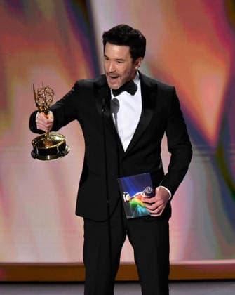Tom Pelphrey accepts the Outstanding Supporting Actor in a Drama Series Award for Task on stage during the 78th annual Primetime Emmy Awards at the Peacock Theater in Los Angeles on Monday, September 14, 2026.  LAP2026091499 JIMxRUYMEN