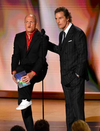 (L-R) Woody Harrelson and Matthew McConaughey speak on stage during the 78th annual Primetime Emmy Awards at the Peacock Theater in Los Angeles on Monday, September 14, 2026.  LAP20260914193 JIMxRUYMEN
