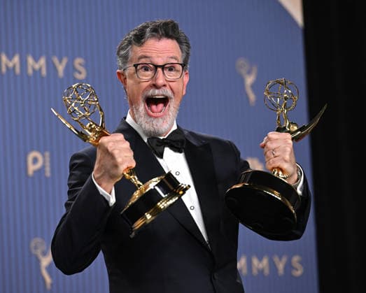 Stephen Colbert, holds the Emmy for Outstanding Variety Series Award for The Late Show with Stephen Colbert, backstage during the 78th annual Primetime Emmy Awards at the Peacock Theater in Los Angeles on Monday, September 14, 2026.  LAP20260914072 CHRISxCHEW