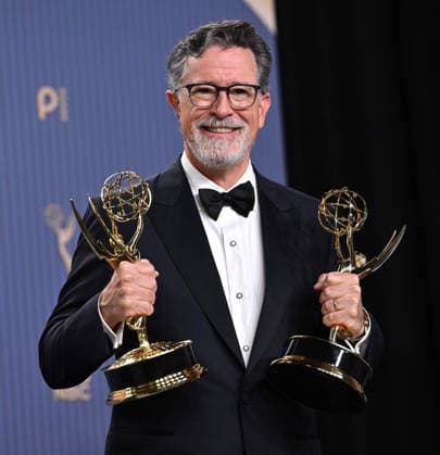 Stephen Colbert, holds the Emmy for Outstanding Variety Series Award for The Late Show with Stephen Colbert, backstage during the 78th annual Primetime Emmy Awards at the Peacock Theater in Los Angeles on Monday, September 14, 2026.  LAP20260914210 CHRISxCHEW