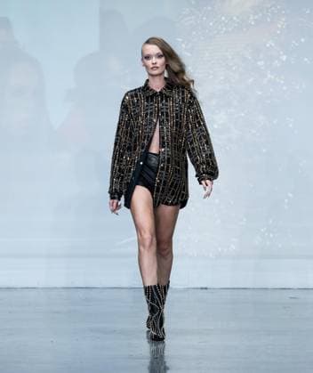 September 14, 2026, Bronx, New York, USA: A model walks runway for The Blonds 20th Anniversary by David and Phillipe Blond presented by Motorola Razr Spring Summer 27 fashion show during SS27 FW at Lavan in New York, NY on September 15, 2026. Bronx USA  - ZUMAr339 20260914_znp_r339_047 Copyright: xLevxRadinx