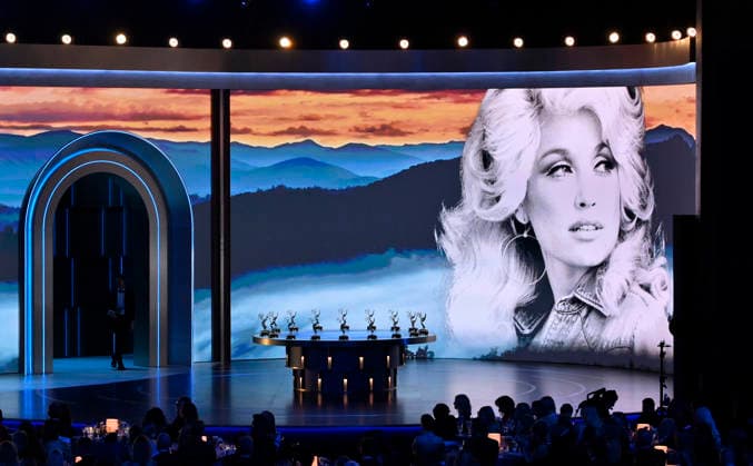Dolly Parton is seen on a screen in memoriam during the 78th annual Primetime Emmy Awards at the Peacock Theater in Los Angeles on Monday, September 14, 2026.  LAP202609149011 JIMxRUYMEN