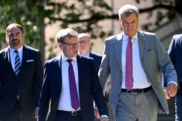 Markus SOEDER, Minister-President of Bavaria and Chairman of the CSU, Johann Wadephul, Federal Minister of Foreign Affairs, and Florian HAHN at a press conference following a meeting of the Council of Ministers at the Prinz Carl Palais in Munich on September 15, 2026