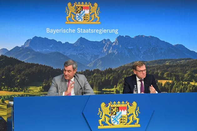 From left: Markus SOEDER, Minister-President of Bavaria and CSU Chairman, and Johann Wadephul, Federal Minister of Foreign Affairs, at a press conference following a meeting of the Council of Ministers at the Prinz Carl Palais in Munich on September 15, 2026