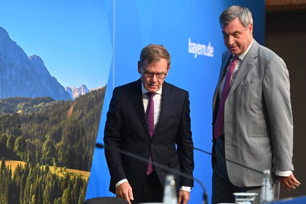 Markus SOEDER, Minister-President of Bavaria and CSU Chairman, and Johann Wadephul, Federal Minister of Foreign Affairs, at a press conference following a meeting of the Council of Ministers at the Prinz Carl Palais in Munich on September 15, 2026
