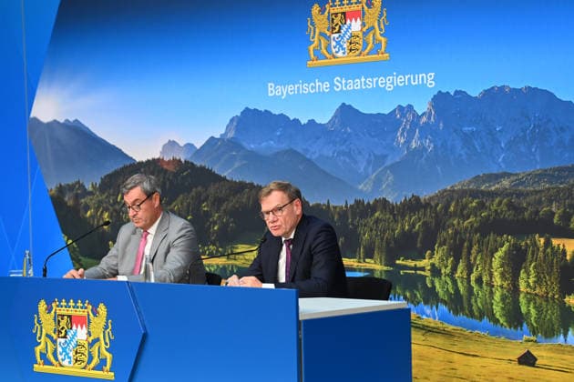 From left: Markus SOEDER, Minister-President of Bavaria and CSU Chairman, and Johann Wadephul, Federal Minister of Foreign Affairs, at a press conference following a meeting of the Council of Ministers at the Prinz Carl Palais in Munich on September 15, 2026