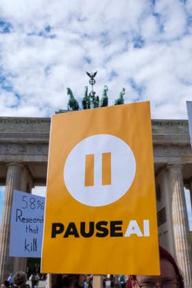 On Tuesday, September 15, 2026, activists held a demonstration in front of the Brandenburg Gate to draw attention to the risks posed by artificial intelligence (AI). The Super AI? No, Thanks ca Copyright: epd-bild RolfxZoellner _DSF3279