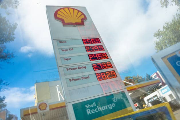 Gas Prices in Berlin Charlottenburg, Germany, Berlin on September 15, 2026. The price display at the Shell gas station in Berlin Westend showed the following prices in euros around 1:00 p.m.: Diesel 256.9, Super E10 239.9, Super 245.9, V Power Racing 273.9, V Power Diesel 282.9. Image effect created by shooting with a slow shutter speed