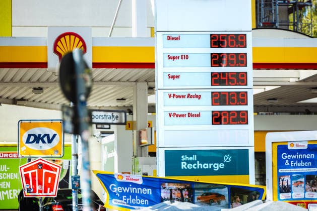 Gas Prices in Berlin Charlottenburg, Germany, Berlin on September 15, 2026. The price display at the Shell gas station in Berlin Westend showed the following prices in euros around 1:00 p.m.: Diesel 256.9, Super E10 239.9 Super 245.9 V Power Racing 273.9 V Power Diesel 282.9
