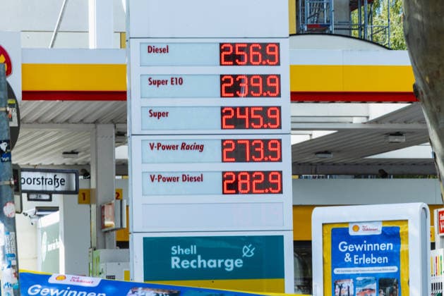 Gas Prices in Berlin Charlottenburg, Germany, on September 15, 2026. The price board at the Shell gas station in Berlin Westend displayed the following prices in euros around 1:00 p.m.: Diesel 256.9, Super E10 239.9 Super 245.9 V Power Racing 273.9 V Power Diesel 282.9