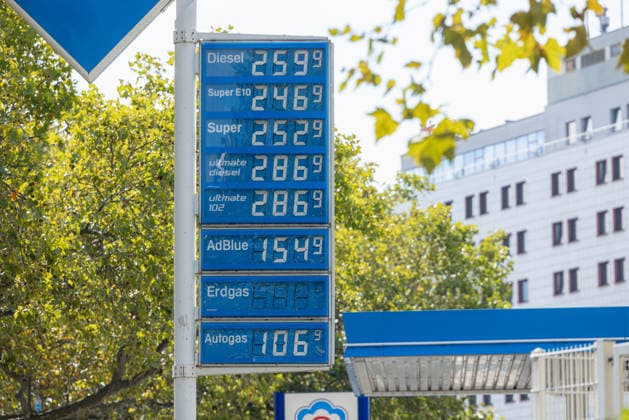 Gas Prices in Berlin Charlottenburg, Germany, Berlin on September 15, 2026: The price display at the ARAL gas station in Berlin Westend showed the following prices in euros around 1:00 p.m.: Diesel 259.9, Super E10 246.9 Super 252.9 Ultimate Diesel 285.9 Ultimate 102 286.9 AdBlue 154.9 Natural Gas Autogas 106.9