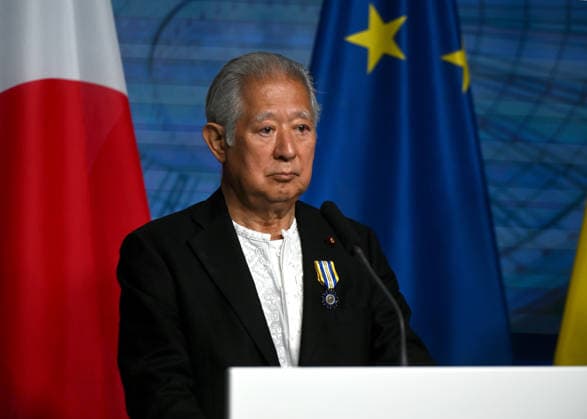 Speaker of the House of Representatives of Japan Eisuke Mori attends a joint news conference with Chairman of the Verkhovna Rada of Ukraine Ruslan Stefanchuk at the press centre of the Ukrainian Parliament, Kyiv, Ukraine, September 15, 2026. (Photo by Yevhen Kotenko Ukrinform) Joint statement by Ukraine’s Parliament Chairman and Speaker of Japan s House of Representatives in Kyiv  Copyright: xYevhenxKotenkox