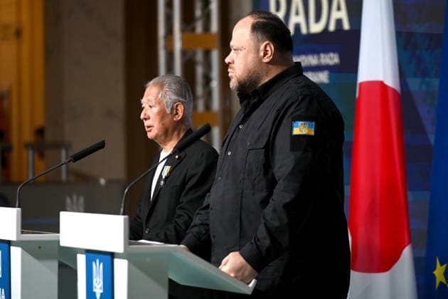 Speaker of the House of Representatives of Japan Eisuke Mori and Chairman of the Verkhovna Rada of Ukraine Ruslan Stefanchuk (L to R) hold a joint news conference at the press centre of the Ukrainian Parliament, Kyiv, Ukraine, September 15, 2026. (Photo by Yevhen Kotenko Ukrinform) Joint statement by Ukraine’s Parliament Chairman and Speaker of Japan s House of Representatives in Kyiv  Copyright: xYevhenxKotenkox