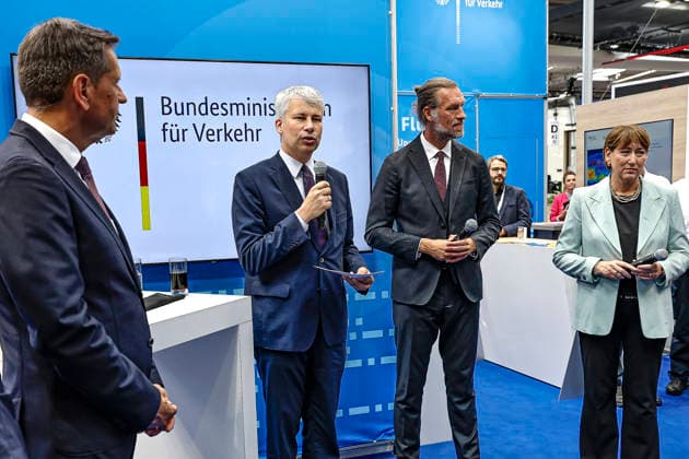 Opening of IAA Transportation 2026 with a tour of the exhibition; booth of the Federal Ministry of Transportation (from left to right): Olaf Lies (SPD), Steffen Bilger (CDU), Minister-President of Lower Saxony; Federal Minister of Transportation of the Federal Republic of Germany; Hildegard Müller, President of the German Association of the Automotive