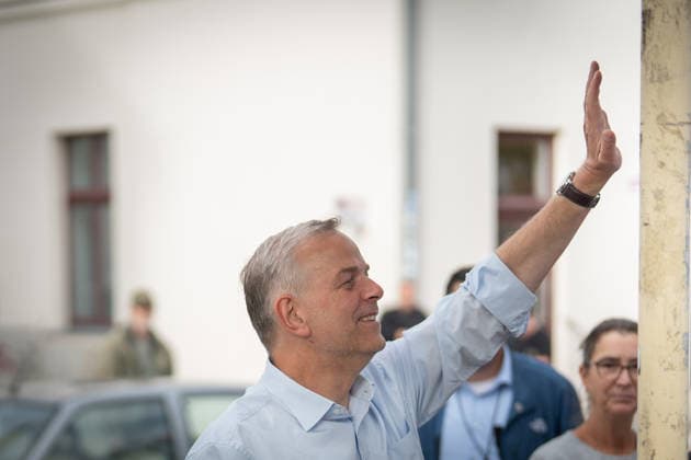 AfD Minister-President candidate Leif Eric Holm at the market square in Bad Doberan; AfD campaign rally in Bad Doberan for the 2026 state election in Mecklenburg-Western Pomerania, Bad Doberan, Mecklenburg-Western Pomerania, Germany, market square