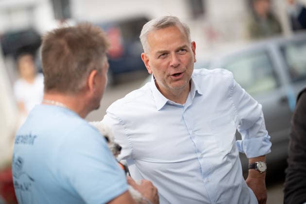 AfD candidate for state premier Leif Eric Holm at the market square in Bad Doberan; AfD campaign event in Bad Doberan for the 2026 state election in Mecklenburg-Western Pomerania, Bad Doberan, Mecklenburg-Western Pomerania, Germany, market square