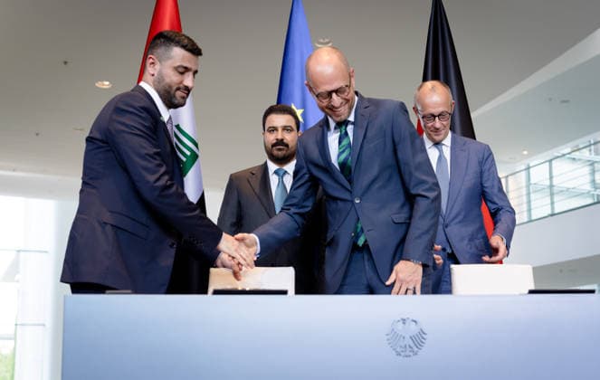 Prime Minister of Iraq, Ali Faleh Al Zaidi; Federal Chancellor, Friedrich Merz; Berlin; signing of the agreement; Federal Chancellery; Prime Minister of Iraq, Ali Faleh Al Zaidi; Federal Chancellor, Friedrich Merz; Berlin; Berlin, GER