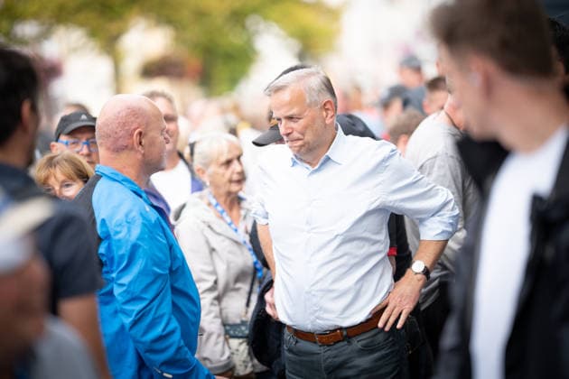 AfD candidate for state premier Leif Eric Holm at the market square in Bad Doberan; AfD campaign event in Bad Doberan for the 2026 state election in Mecklenburg-Western Pomerania, Bad Doberan, Mecklenburg-Western Pomerania, Germany, market square
