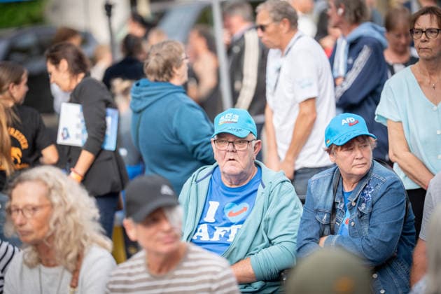 AfD candidate for state premier Leif Eric Holm at the market square in Bad Doberan; AfD campaign event in Bad Doberan for the 2026 state election in Mecklenburg-Western Pomerania, Bad Doberan, Mecklenburg-Western Pomerania, Germany, market square