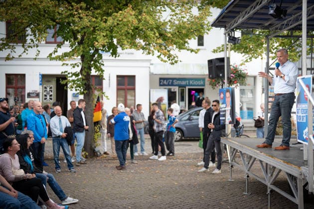AfD candidate for state premier Leif Eric Holm at the market square in Bad Doberan; AfD campaign event in Bad Doberan for the 2026 state election in Mecklenburg-Western Pomerania, Bad Doberan, Mecklenburg-Western Pomerania, Germany, market square