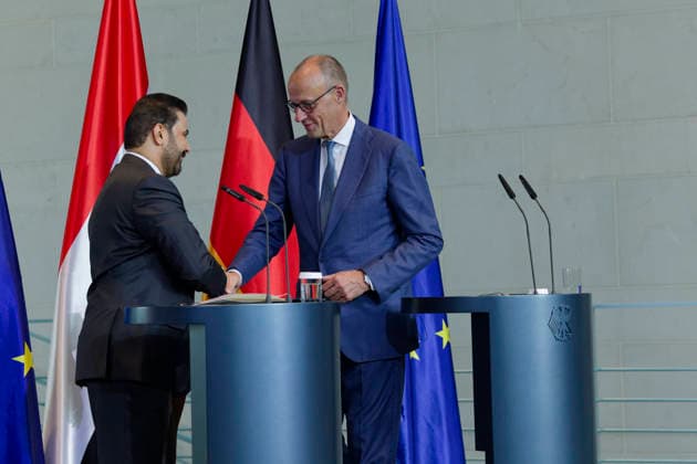 Merz and Al Zaidi, September 15, 2026, Berlin, Germany: Joint press conference between German Chancellor Friedrich Merz (CDU) and Iraqi Prime Minister Ali Faleh Al Zaidi at the Chancellery