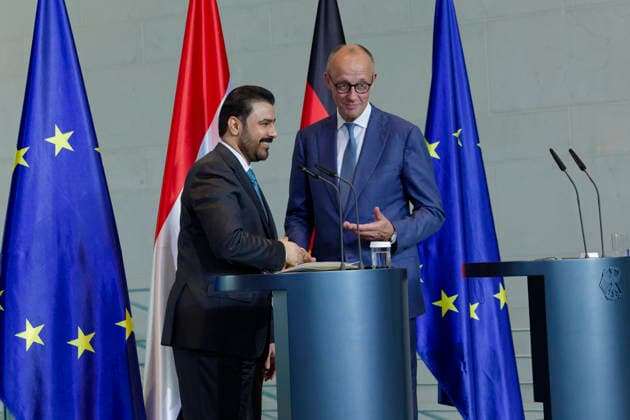 Merz and Al Zaidi, September 15, 2026, Berlin, Germany: Joint press conference between German Chancellor Friedrich Merz (CDU) and Iraqi Prime Minister Ali Faleh Al Zaidi at the Chancellery