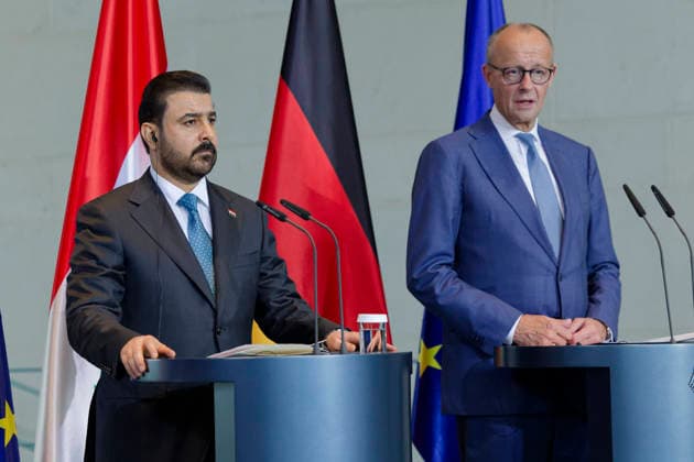 Merz and Al Zaidi, September 15, 2026, Berlin, Germany: Joint press conference between German Chancellor Friedrich Merz (CDU) and Iraqi Prime Minister Ali Faleh Al Zaidi at the Chancellery