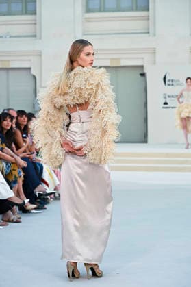 September 15, 2026, Madrid, Spain: A model parades with Hannibal Laguna design during Mercedes Benz Fashion Week Madrid Cibeles Palace in Madrid, 15 February of 2026 Spain Madrid Spain - ZUMAs197 20260915_aaa_s197_574 Copyright: xAtilanoxGarciax