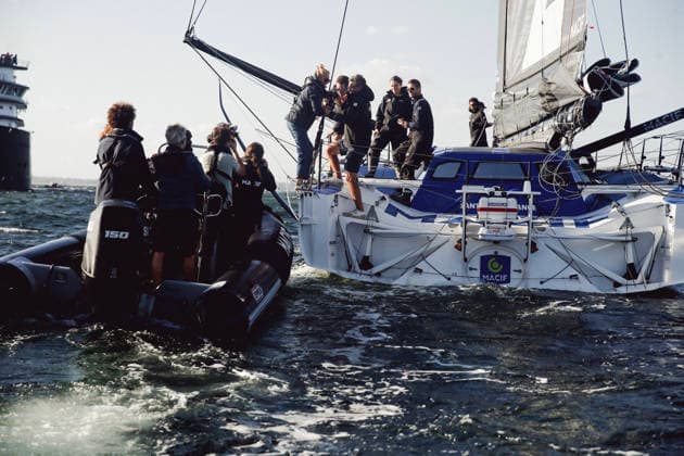 Public Tribute To Charlie Dalin - Concarneau Perrine Le Pape-Dalin, Charlie s wife, and their son Oscar getting on board MACIF Imoca during the Public tribute to celebrate the memory of skipper Charlie Dalin, winner of 2024-2025 Vendee Globe who passed away on June 2026, succumbing to cancer. Spectacular gathering on the water in the bay of Concarneau in front of the Corniche, of dozens of boats from all disciplines: giant Ultim trimarans, IMOCA class, Figaro, Class 40, Mini 6.50, wingfoils, recreational boats, local fishermen, SNSM (French Sea Rescue Society), a French Navy vessel, and the Abeille Bretagne. September 15, 2026 in Concarneau, France. Photo by Marie-Paola Bertrand-Hillion ABACAPRESS.COM Concarneau Finistere France Copyright: xBertrand-HillionxMarie-Paola ABACAx