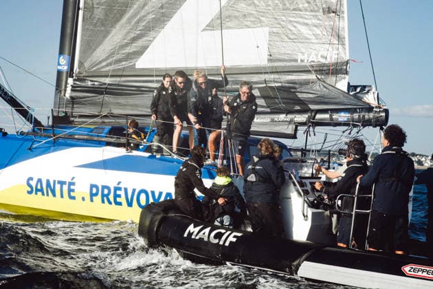 Public Tribute To Charlie Dalin - Concarneau Perrine Le Pape-Dalin, Charlie s wife, and their son Oscar getting on board MACIF Imoca during the Public tribute to celebrate the memory of skipper Charlie Dalin, winner of 2024-2025 Vendee Globe who passed away on June 2026, succumbing to cancer. Spectacular gathering on the water in the bay of Concarneau in front of the Corniche, of dozens of boats from all disciplines: giant Ultim trimarans, IMOCA class, Figaro, Class 40, Mini 6.50, wingfoils, recreational boats, local fishermen, SNSM (French Sea Rescue Society), a French Navy vessel, and the Abeille Bretagne. September 15, 2026 in Concarneau, France. Photo by Marie-Paola Bertrand-Hillion ABACAPRESS.COM Concarneau Finistere France Copyright: xBertrand-HillionxMarie-Paola ABACAx