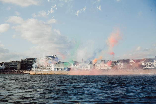 Public Tribute To Charlie Dalin - Concarneau Fireworks during Public tribute to celebrate the memory of skipper Charlie Dalin, winner of 2024-2025 Vendee Globe who passed away on June 2026, succumbing to cancer. Spectacular gathering on the water in the bay of Concarneau in front of the Corniche, of dozens of boats from all disciplines: giant Ultim trimarans, IMOCA class, Figaro, Class 40, Mini 6.50, wingfoils, recreational boats, local fishermen, SNSM (French Sea Rescue Society), a French Navy vessel, and the Abeille Bretagne. September 15, 2026 in Concarneau, France. Photo by Marie-Paola Bertrand-Hillion ABACAPRESS.COM Concarneau Finistere France Copyright: xBertrand-HillionxMarie-Paola ABACAx