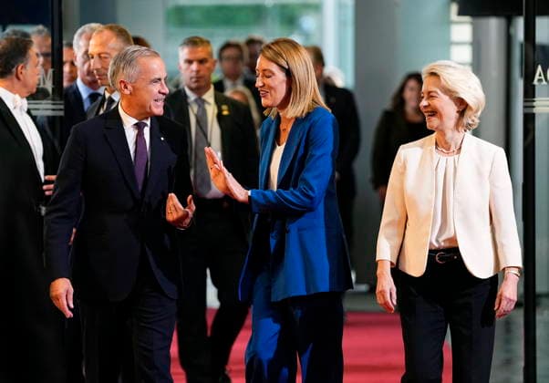 September 16, 2026, Strasbourg, France: Prime Minister Mark Carney participates in a welcoming ceremony with President of the European Parliament Roberta Metsola, centre, and President of the European Commission Ursula von der Leyen, right, at the European Parliament in Strasbourg, France, on Wednesday, Sept. 16, 2026. Strasbourg France - ZUMAc35_ 20260916_zaf_c35_031 Copyright: xJustinxTangx