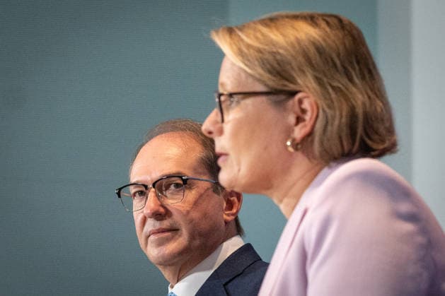 Federal Minister of the Interior Alexander Dobrindt (CSU) with Federal Minister of Justice Stefanie Hubig during a press conference at the Federal Chancellery on a 10-point plan for better protection against Islamist terrorism; press conference at the Federal Chancellery, Berlin, Germany; Federal Chancellery