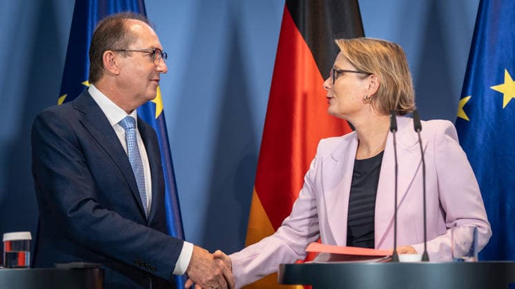 Federal Minister of the Interior Alexander Dobrindt (CSU) with Federal Minister of Justice Stefanie Hubig during a press conference at the Federal Chancellery on a 10-point plan for better protection against Islamist terrorism; press conference at the Federal Chancellery, Berlin, Germany; Federal Chancellery