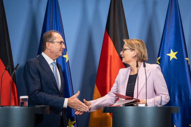 Federal Minister of the Interior Alexander Dobrindt (CSU) with Federal Minister of Justice Stefanie Hubig during a press conference at the Federal Chancellery on a 10-point plan for better protection against Islamist terrorism; press conference at the Federal Chancellery, Berlin, Germany; Federal Chancellery