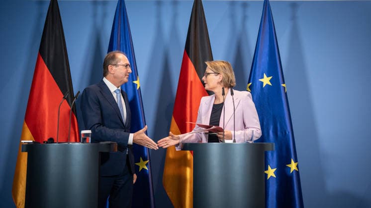 Federal Minister of the Interior Alexander Dobrindt (CSU) with Federal Minister of Justice Stefanie Hubig during a press conference at the Federal Chancellery on a 10-point plan for better protection against Islamist terrorism; press conference at the Federal Chancellery, Berlin, Germany, Federal Chancellery