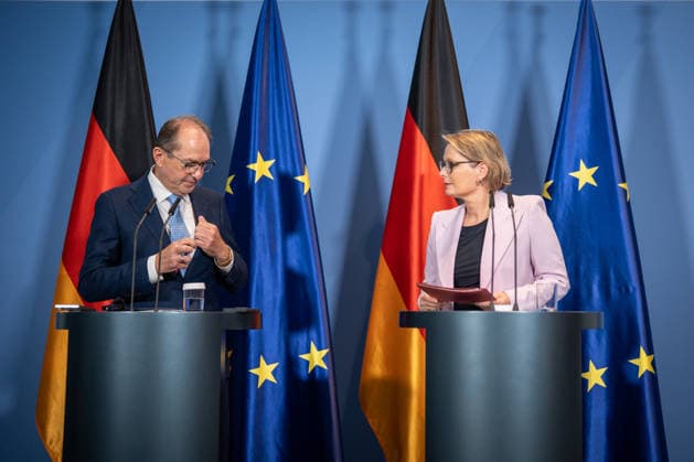 Federal Minister of the Interior Alexander Dobrindt (CSU) with Federal Minister of Justice Stefanie Hubig during a press conference at the Federal Chancellery on a 10-point plan for better protection against Islamist terrorism; press conference at the Federal Chancellery, Berlin, Germany, Federal Chancellery