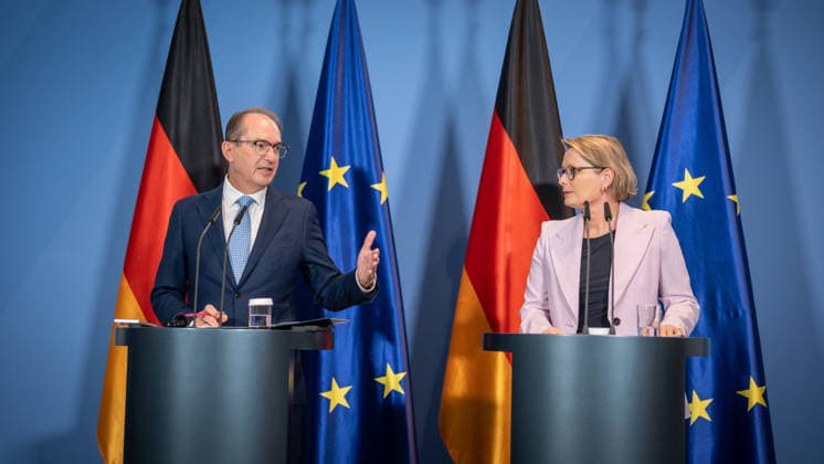 Federal Minister of the Interior Alexander Dobrindt (CSU) with Federal Minister of Justice Stefanie Hubig during a press conference at the Federal Chancellery on a 10-point plan for better protection against Islamist terrorism; press conference at the Federal Chancellery, Berlin, Germany, Federal Chancellery