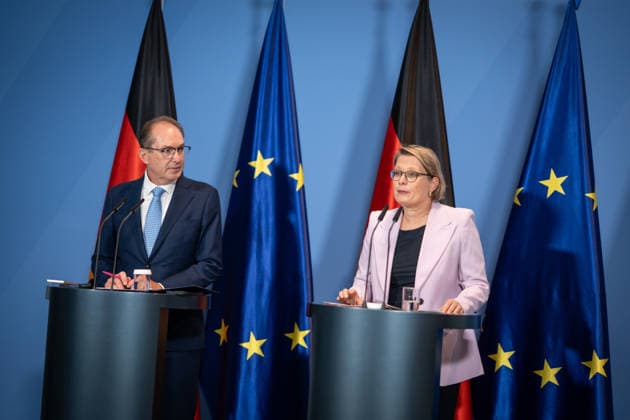 Federal Minister of the Interior Alexander Dobrindt (CSU) with Federal Minister of Justice Stefanie Hubig during a press conference at the Federal Chancellery on a 10-point plan for better protection against Islamist terrorism; press conference at the Federal Chancellery, Berlin, Germany; Federal Chancellery