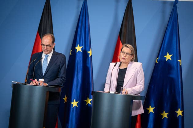 Federal Minister of the Interior Alexander Dobrindt (CSU) with Federal Minister of Justice Stefanie Hubig during a press conference at the Federal Chancellery on a 10-point plan for better protection against Islamist terrorism; press conference at the Federal Chancellery, Berlin, Germany; Federal Chancellery