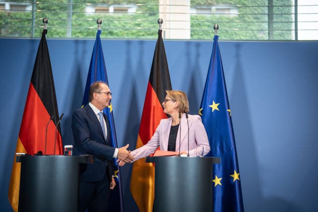 Federal Minister of the Interior Alexander Dobrindt (CSU) with Federal Minister of Justice Stefanie Hubig during a press conference at the Federal Chancellery on a 10-point plan for better protection against Islamist terrorism; press conference at the Federal Chancellery, Berlin, Germany; Federal Chancellery