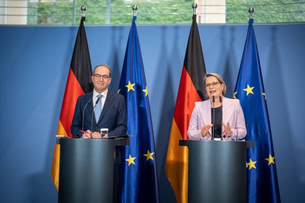 Federal Minister of the Interior Alexander Dobrindt (CSU) with Federal Minister of Justice Stefanie Hubig during a press conference at the Federal Chancellery on a 10-point plan for better protection against Islamist terrorism; press conference at the Federal Chancellery, Berlin, Germany; Federal Chancellery
