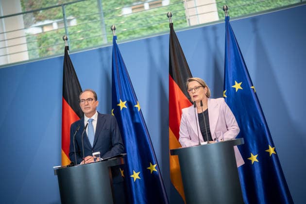 Federal Minister of the Interior Alexander Dobrindt (CSU) with Federal Minister of Justice Stefanie Hubig during a press conference at the Federal Chancellery on a 10-point plan for better protection against Islamist terrorism; press conference at the Federal Chancellery, Berlin, Germany; Federal Chancellery
