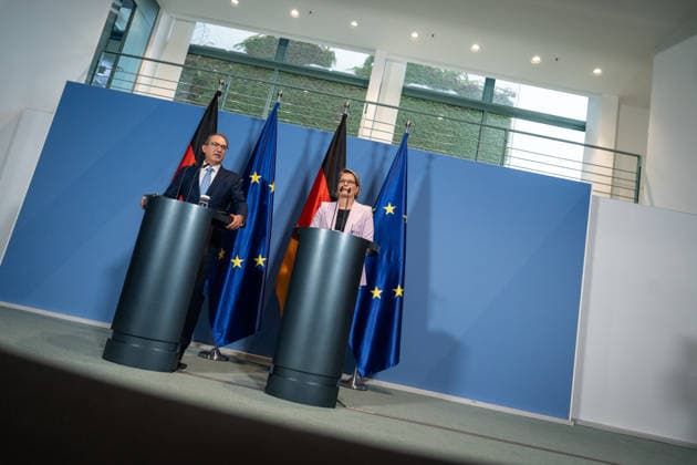 Federal Minister of the Interior Alexander Dobrindt (CSU) with Federal Minister of Justice Stefanie Hubig during a press conference at the Federal Chancellery on a 10-point plan for better protection against Islamist terrorism; press conference at the Federal Chancellery, Berlin, Berlin, Germany, Federal Chancellery