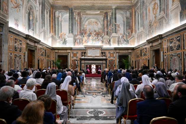 PRIVATE AUDIENCE_PAPA_2026 Italy,Rome, Vatican, 2026 9 16 Pope Leo XIV receives in a private audience participants in the academic conference organized by the Congregation for the Causes of Saints at the Vatican . EDITORIAL USE ONLY - NO BOOKS Copyright: xVATICANxMEDIA xCatholicxPressxPhotox